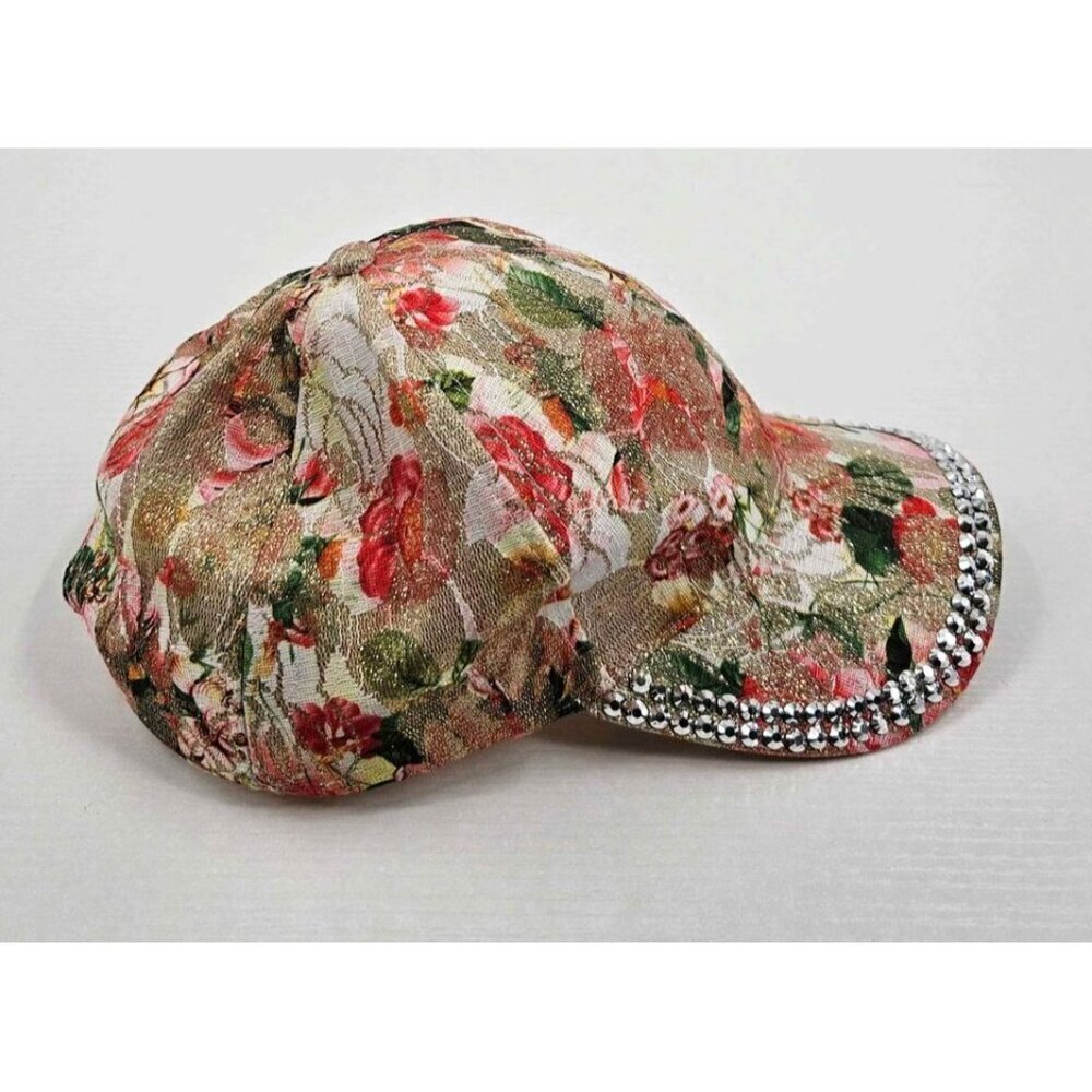 Womens Trending Floral Print Cubic Stone Edged Bill Baseball Cap Adj Back - Picture 3 of 7